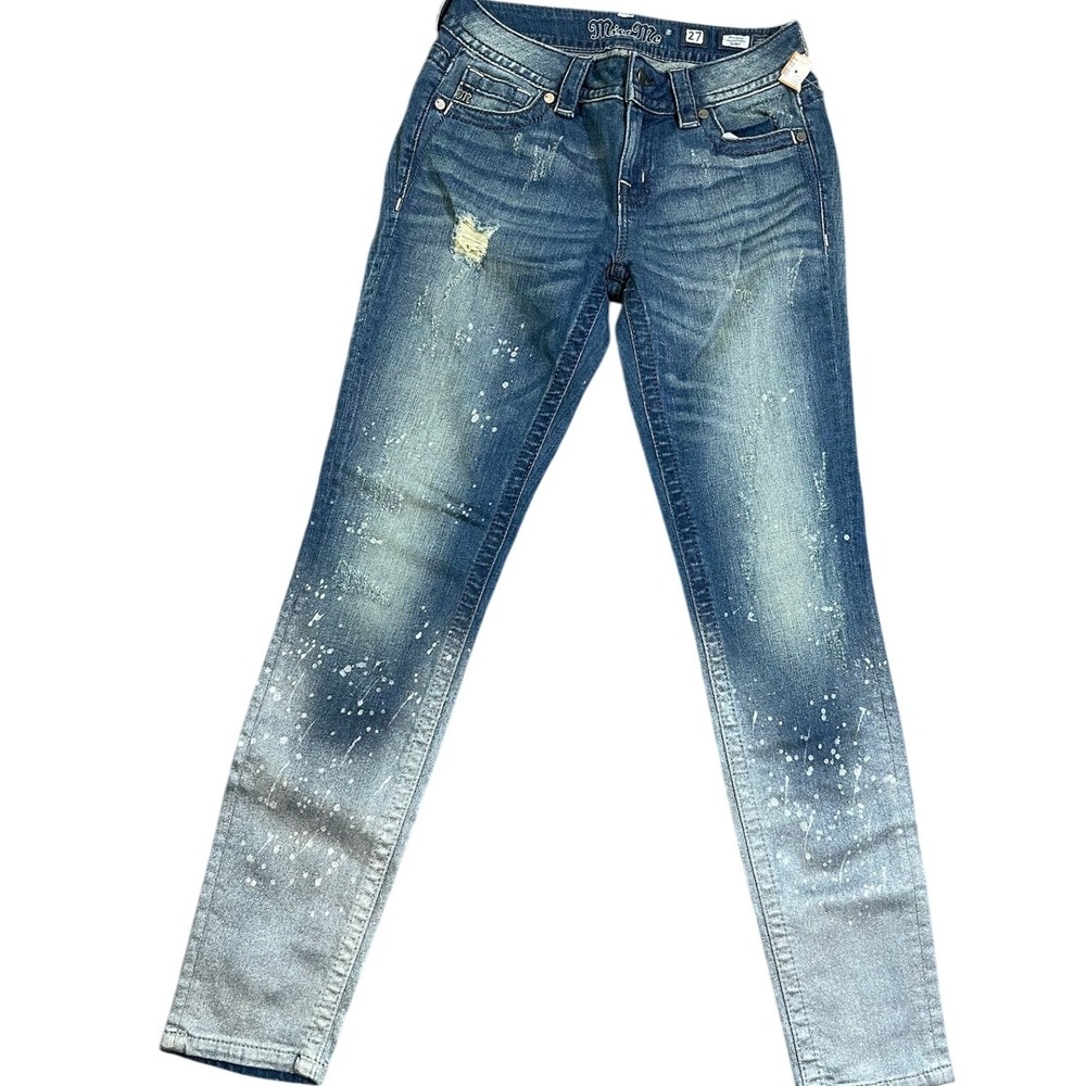 Miss Me 27 Mid-Rise Skinny Jeans Medium Wash‎ Ombre Silver Paint Splatter NWT